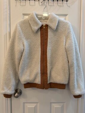 Lovers + Friends Revolve XS Simone Sherpa Bomber Jacket Ivory Brown Full Zip